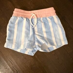 The Beaufort Bonnet Company Blue and White Striped Shorts with Pink Waistband